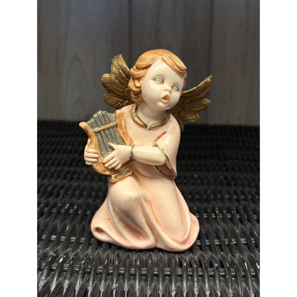 Vintage Italy Angel Figurine Kneeling Cherub with Lyre Harp Gold Wings 5523